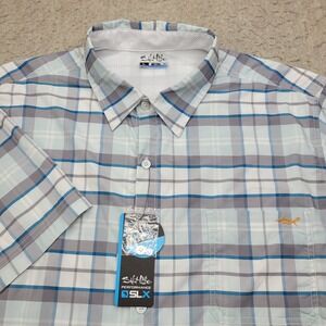 Salt Life SLX Performance Fishing Shirt Men L Blue Plaid Short Sleeve Vented NEW